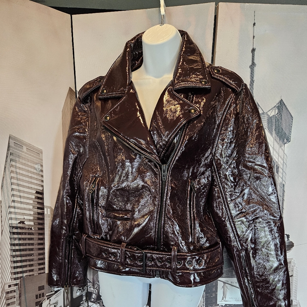 Blank NYC Shiny Patent Burgundy Motorcycle Jacket